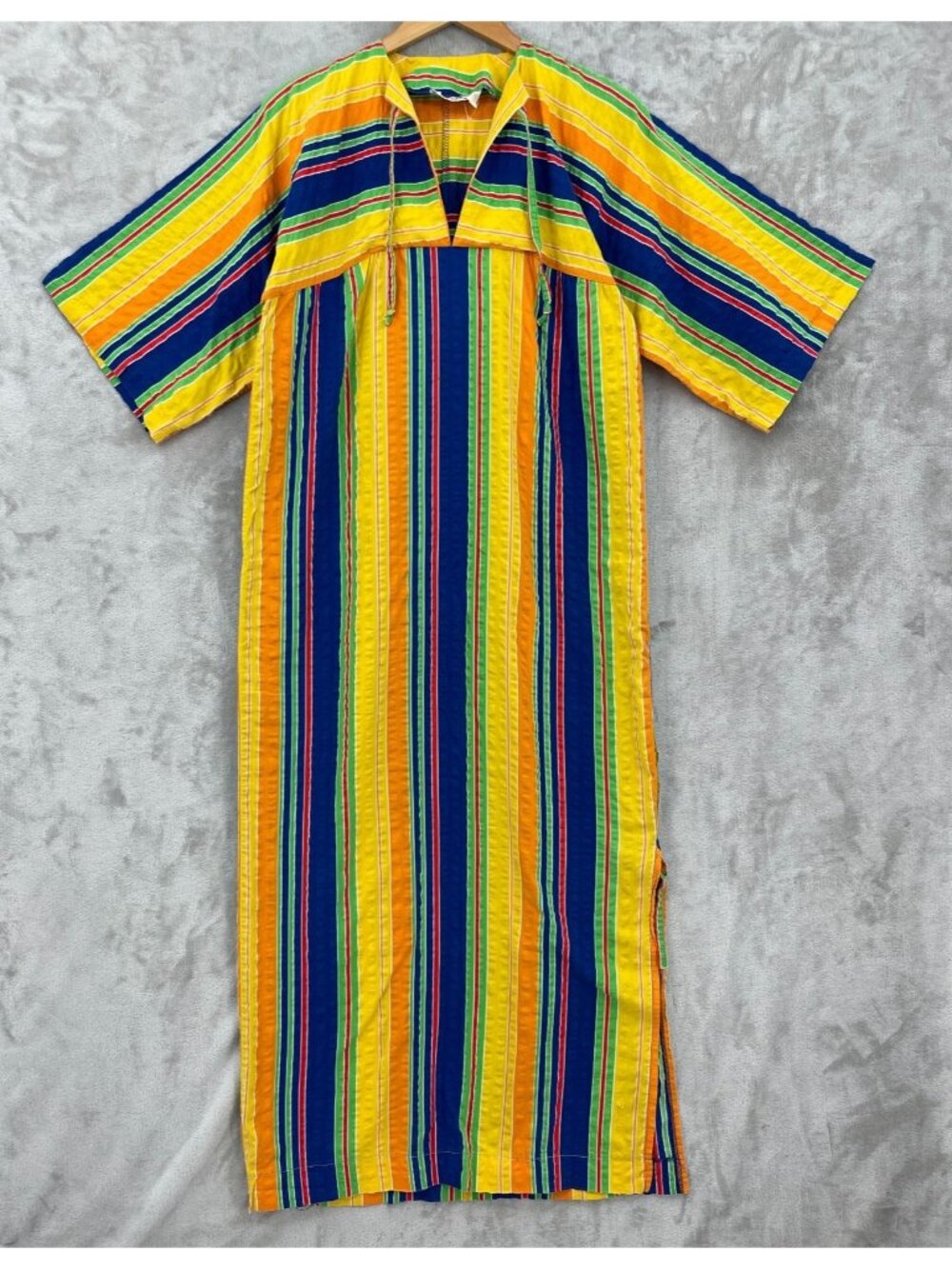 Vintage 70s Catalina ivid Striped Cotton Maxi Muumuu Swim Cover Caftan - Picture 7 of 16